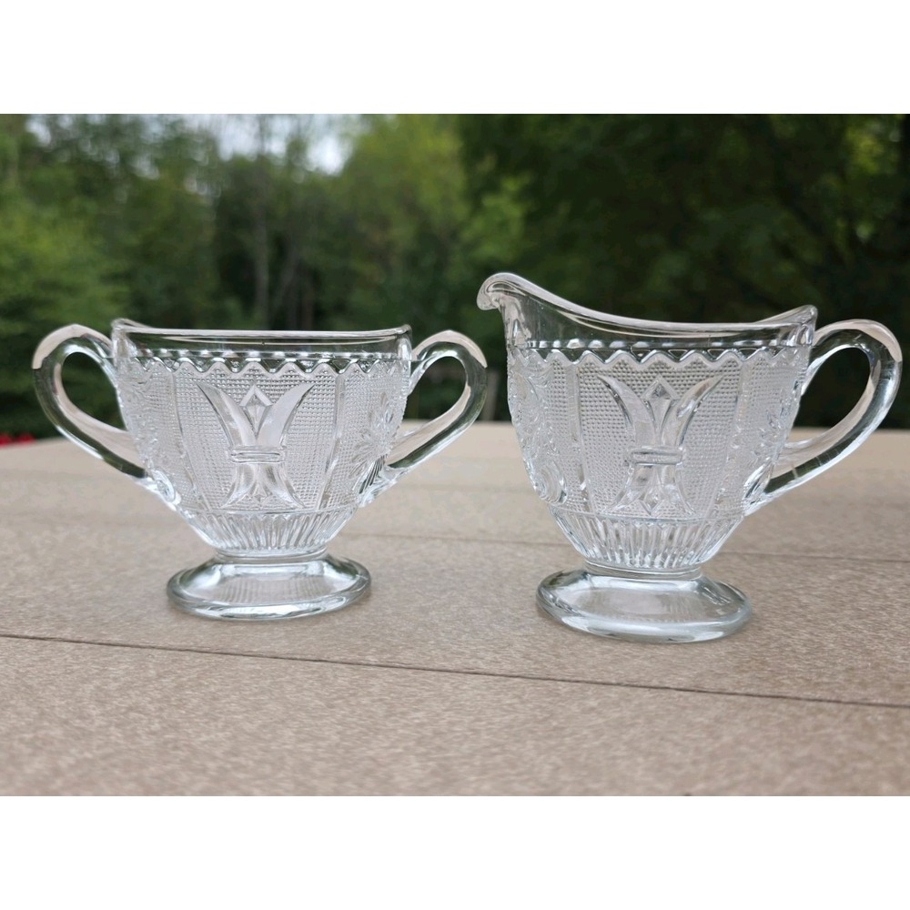 Vintage Westmoreland Glass Co Princess Feather Creamer & Open Sugar Bowl 1920s